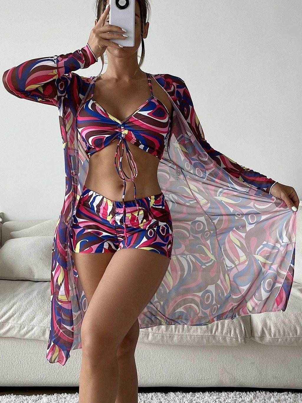 Floral Bikini Set with Long Sleeve Cardigan | ZA-Zola - ZA-Zola