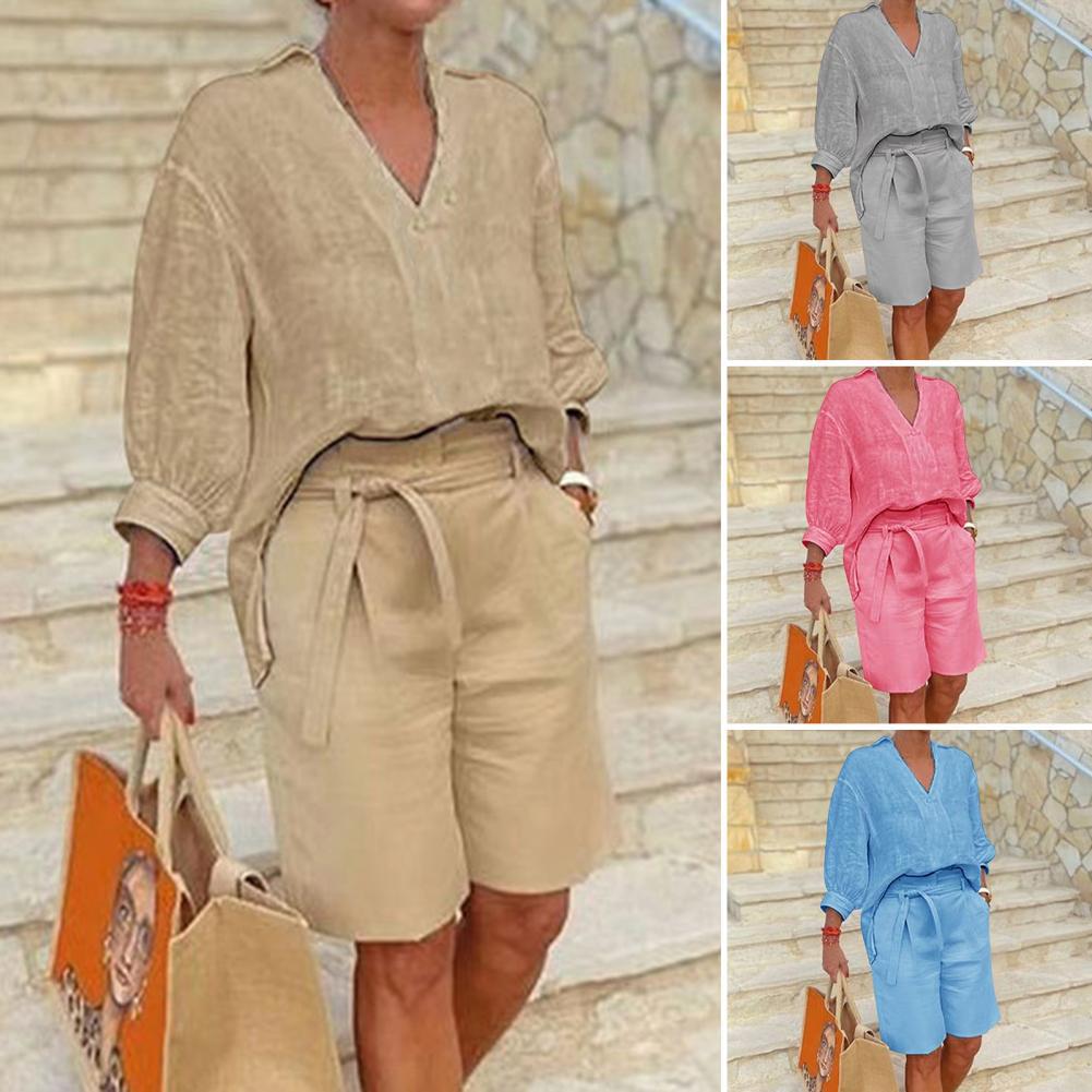 Collage of people wearing matching outfits in beige, pink, and blue on stone steps.