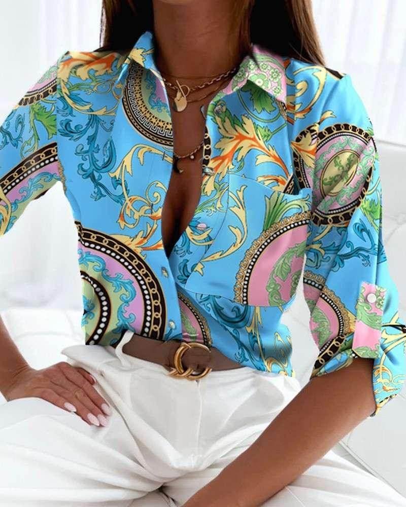 Long Sleeve V-Neck Printed Shirt – ZA-Zola - ZA-Zola