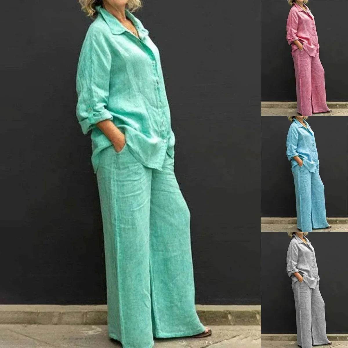 Women’s relaxed linen shirt and wide-leg pants set in multiple colors, ZA-Zola fashion.