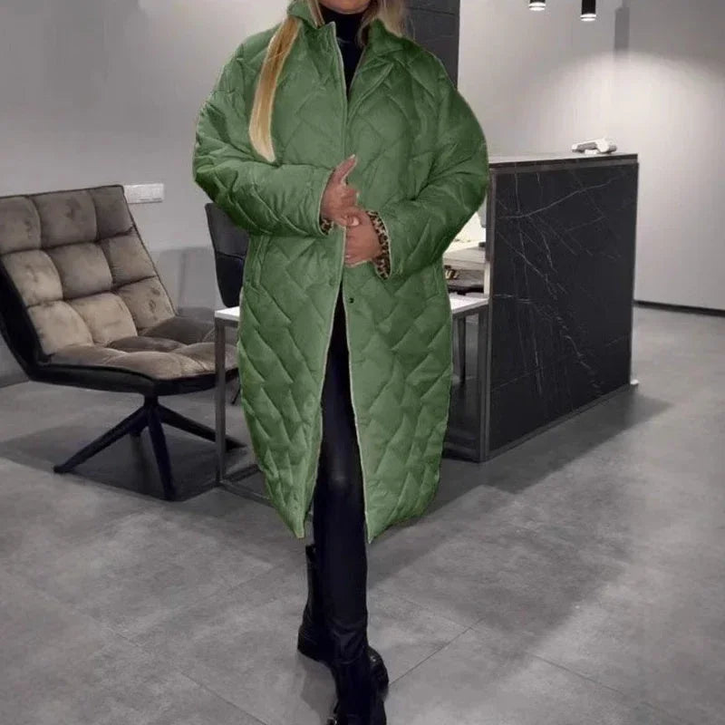 Women Rhombus Stitching Coat – Warm Long Jacket with Lapel & Pockets - ZA-Zola