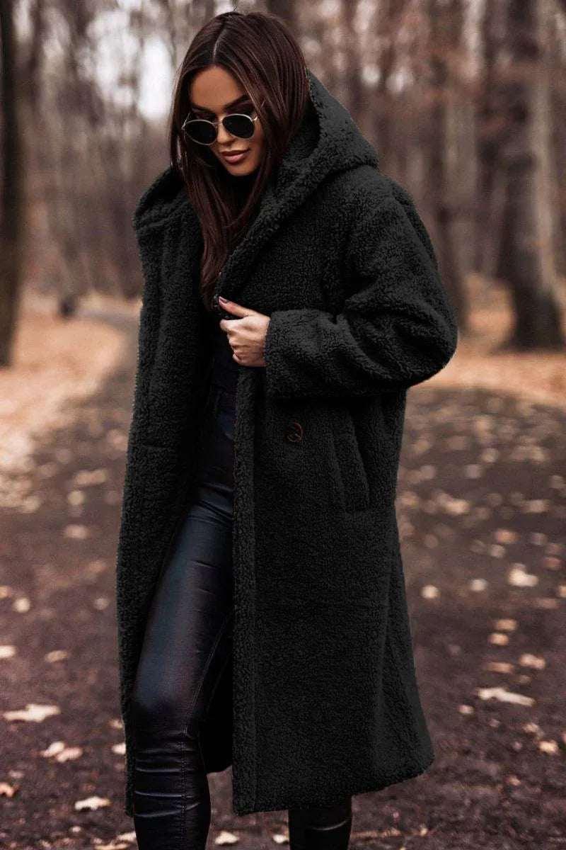 Women Teddy Coat Long Faux Fleece Hooded Winter - ZA-Zola