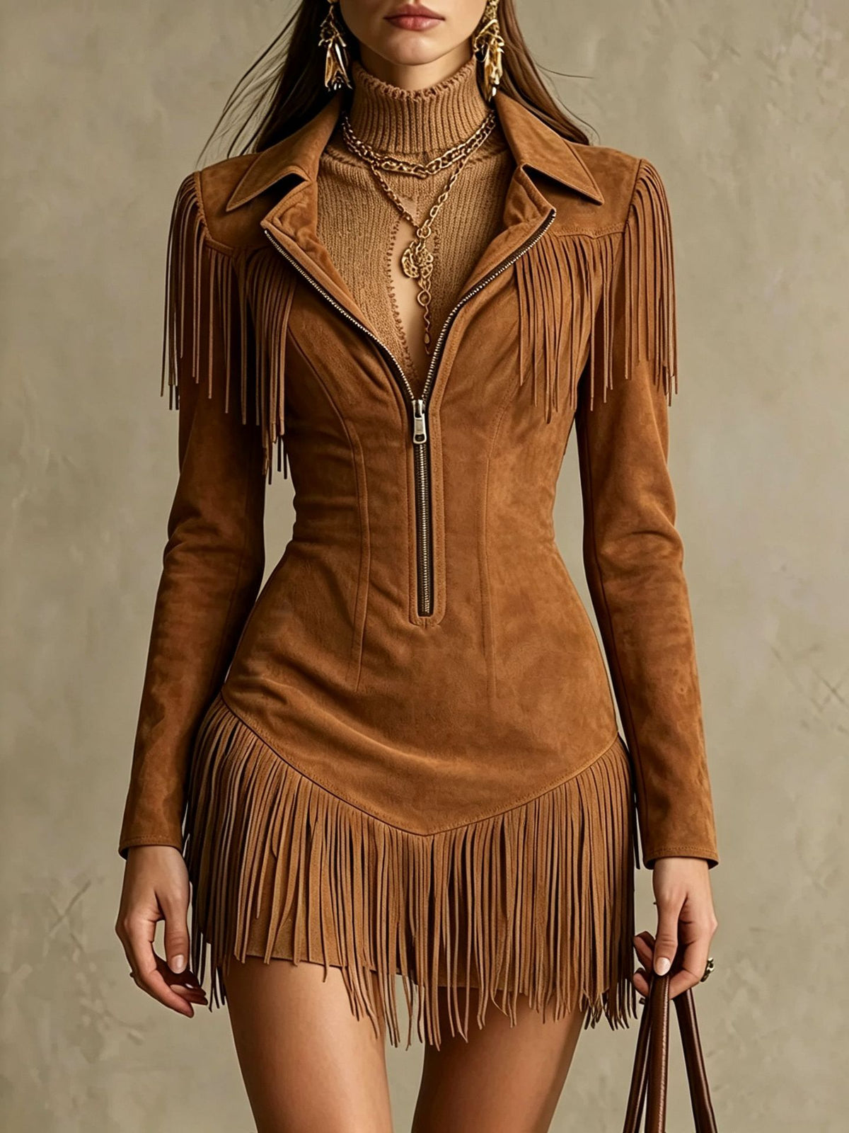 A woman wearing a fitted brown suede mini dress with fringe trim, a front zipper, and long sleeves, styled over a ribbed turtleneck and layered necklaces against a textured beige wall.