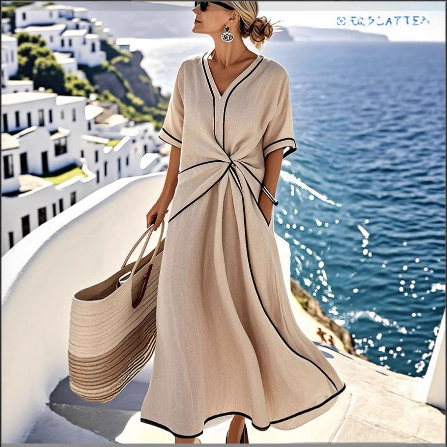 Women’s Summer Striped Print Short Sleeve Casual Beach Maxi Dress