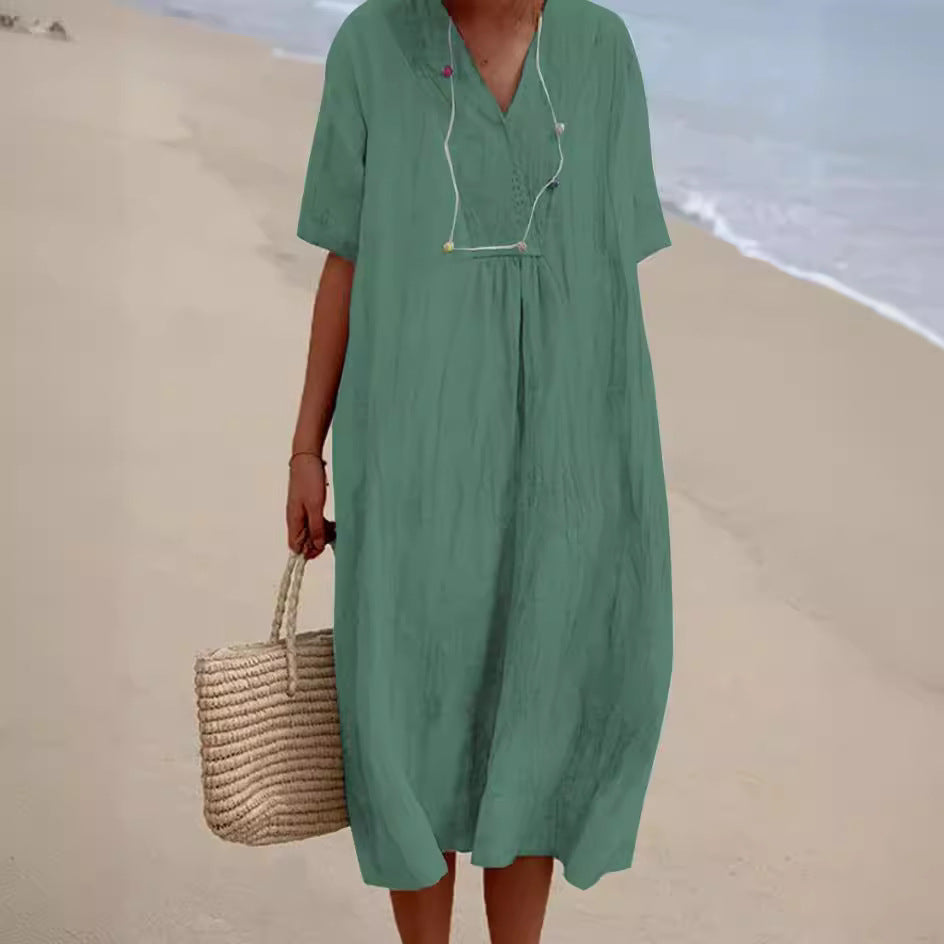 Women Cotton Linen V Neck Solid Color Long Dress Casual Summer Fashion Dress