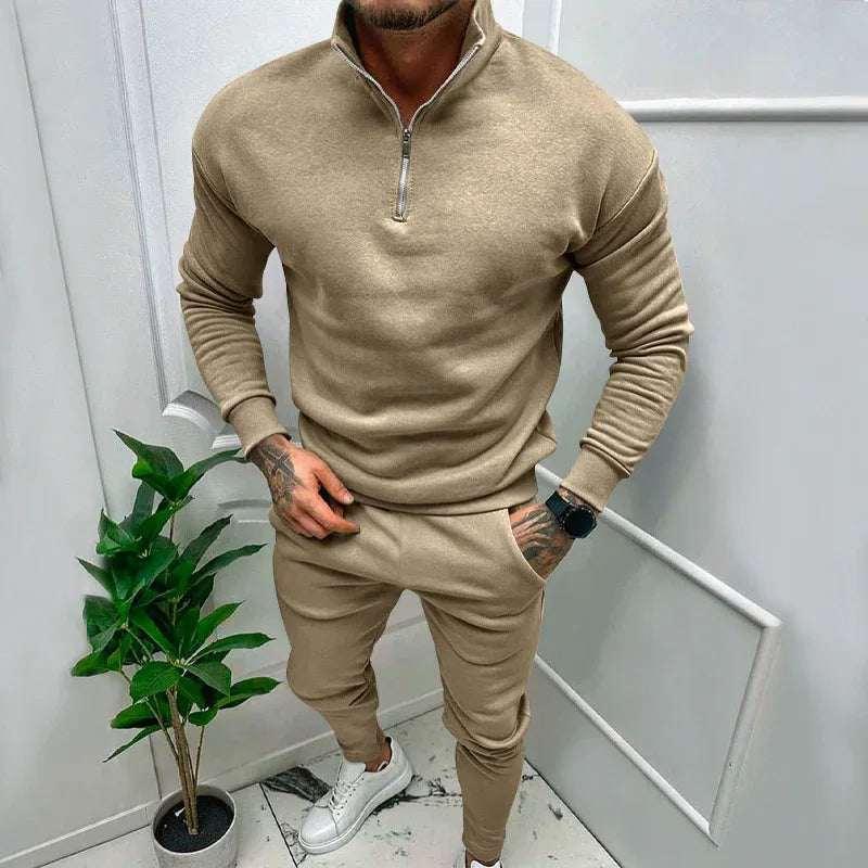 Men’s Casual Fleece Suit – Solid Color Top & Trousers - ZA-Zola