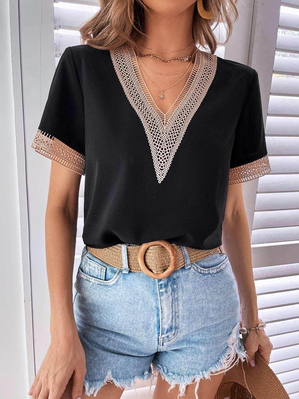 V-Neck Lace Patchwork Loose Commuter Top - ZA-Zola