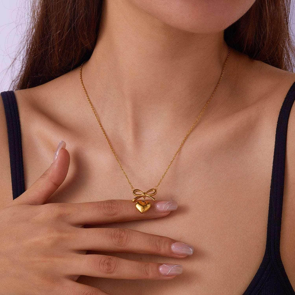 Stainless Steel Heart Bowknot Charm Necklace – Women's Fashion - ZA-Zola