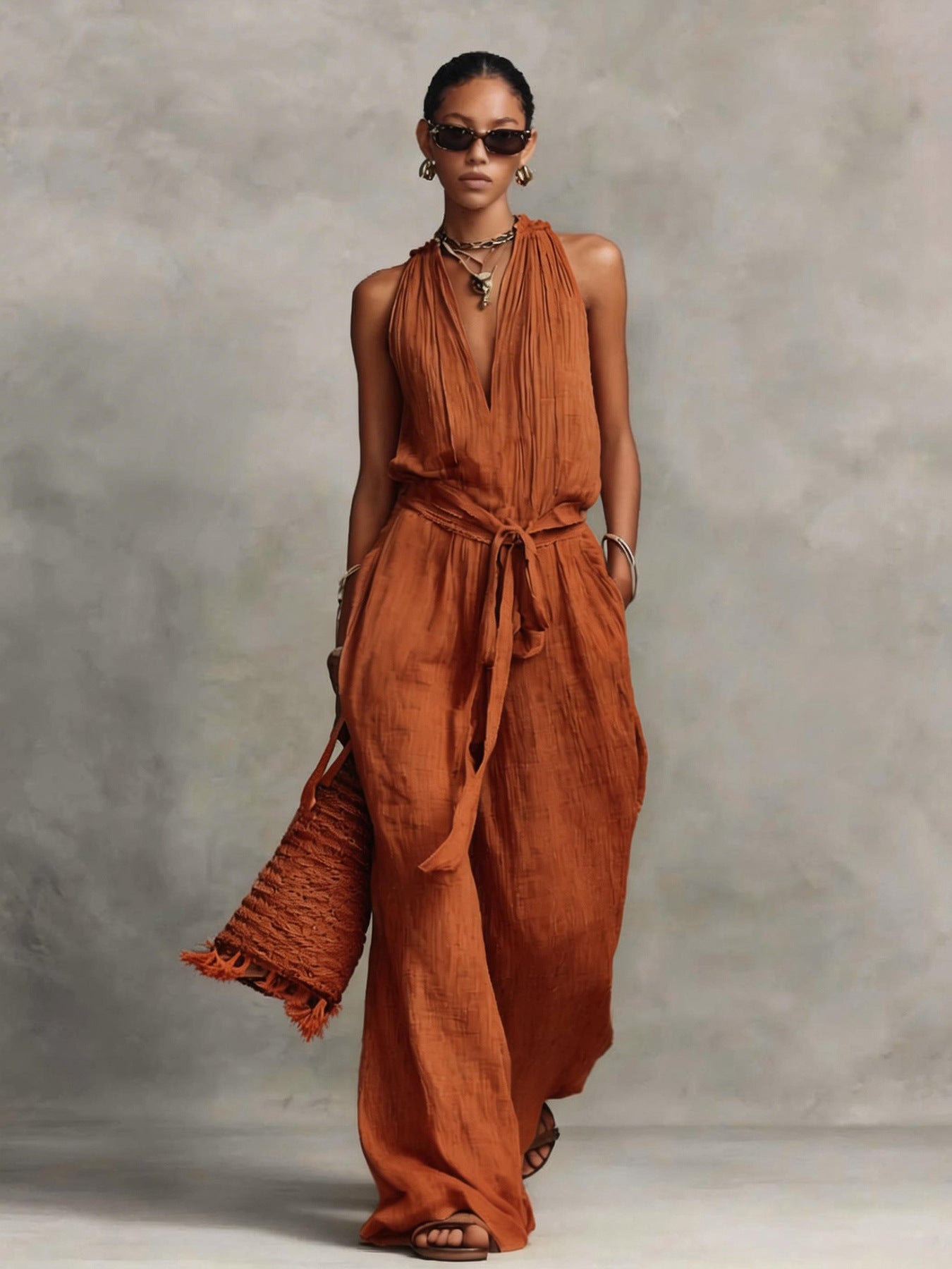 Woman wearing a rust-colored jumpsuit against a neutral background