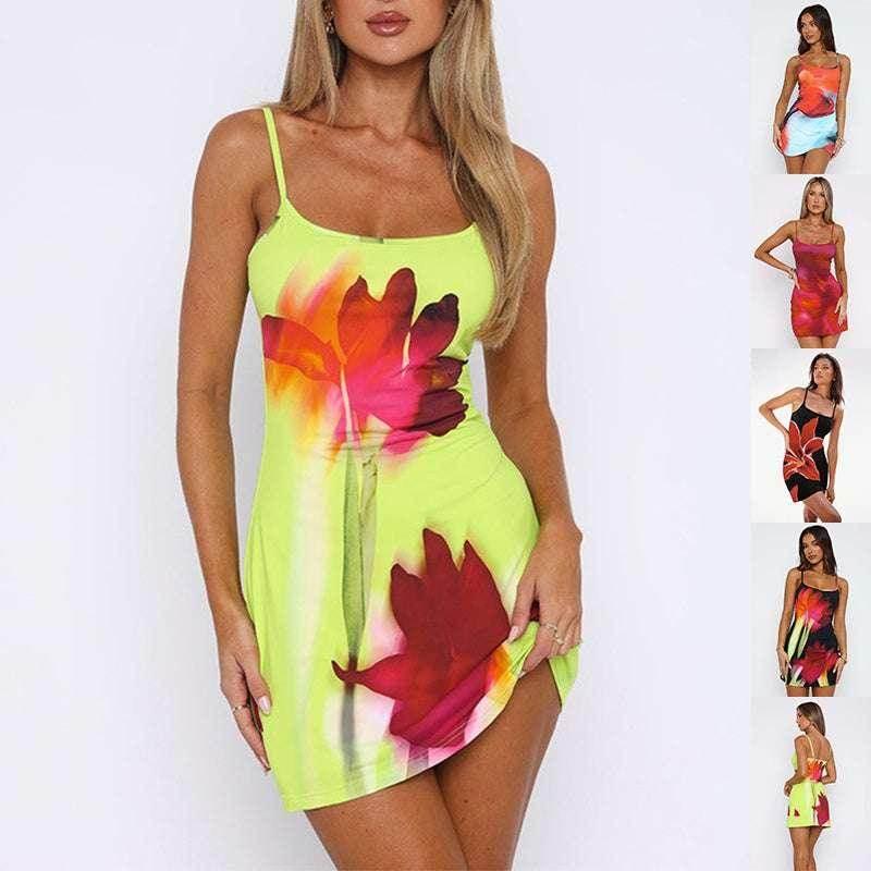 Summer Flowers Printed Sling Dress - Slim Fit Short Dress - ZA-Zola