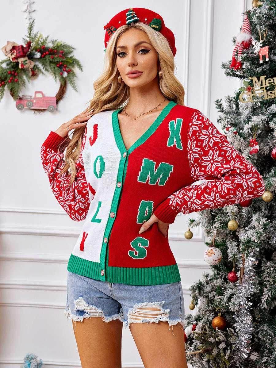 Christmas Red V-Neck Cardigan – Festive & Cozy Knit - ZA-Zola
