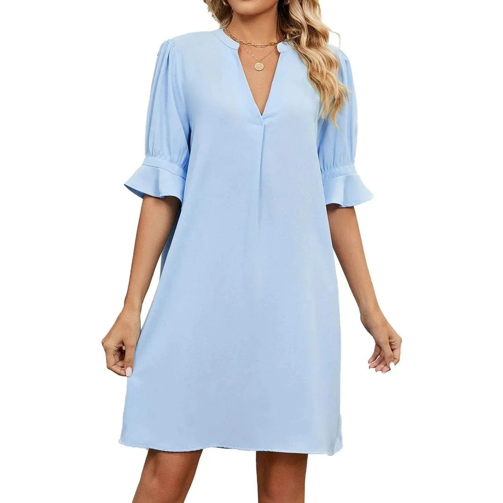 V-Neck Pleated Ice Silk Summer Dress for Women - ZA-Zola