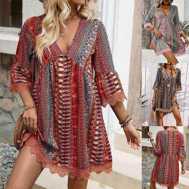 Boho V-Neck Loose Printed Beach Dress for Women - ZA-Zola