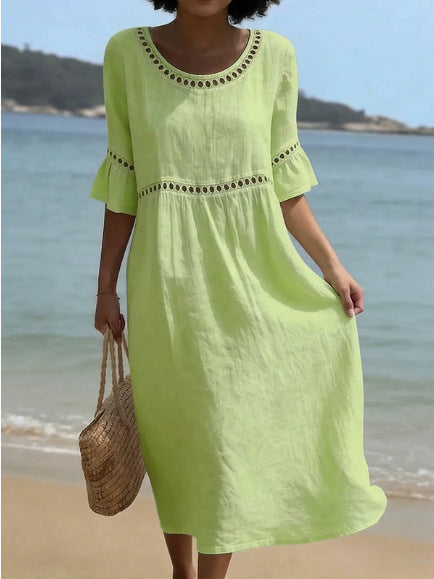 Elegant Casual Crew Neck Three Quarter Sleeve Solid Color Dress for Women