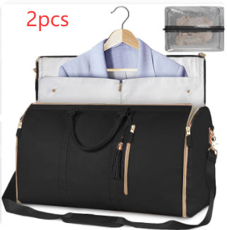 Black duffel bag with clothes and a hanger inside, with '2pcs' text above.