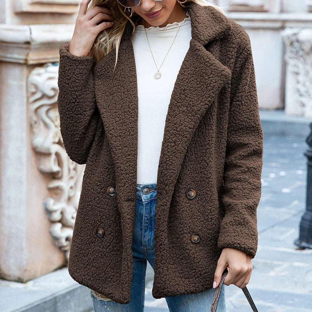 Fluffy Winter Coat for Women | Loose Lapel Button Jacket - ZA-Zola
