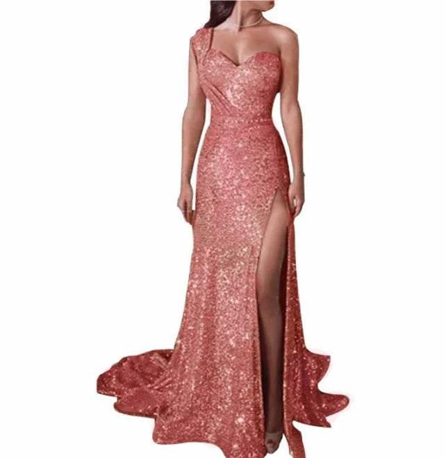 One-Shoulder Bronzing Split Dress – Elegant & Chic - ZA-Zola