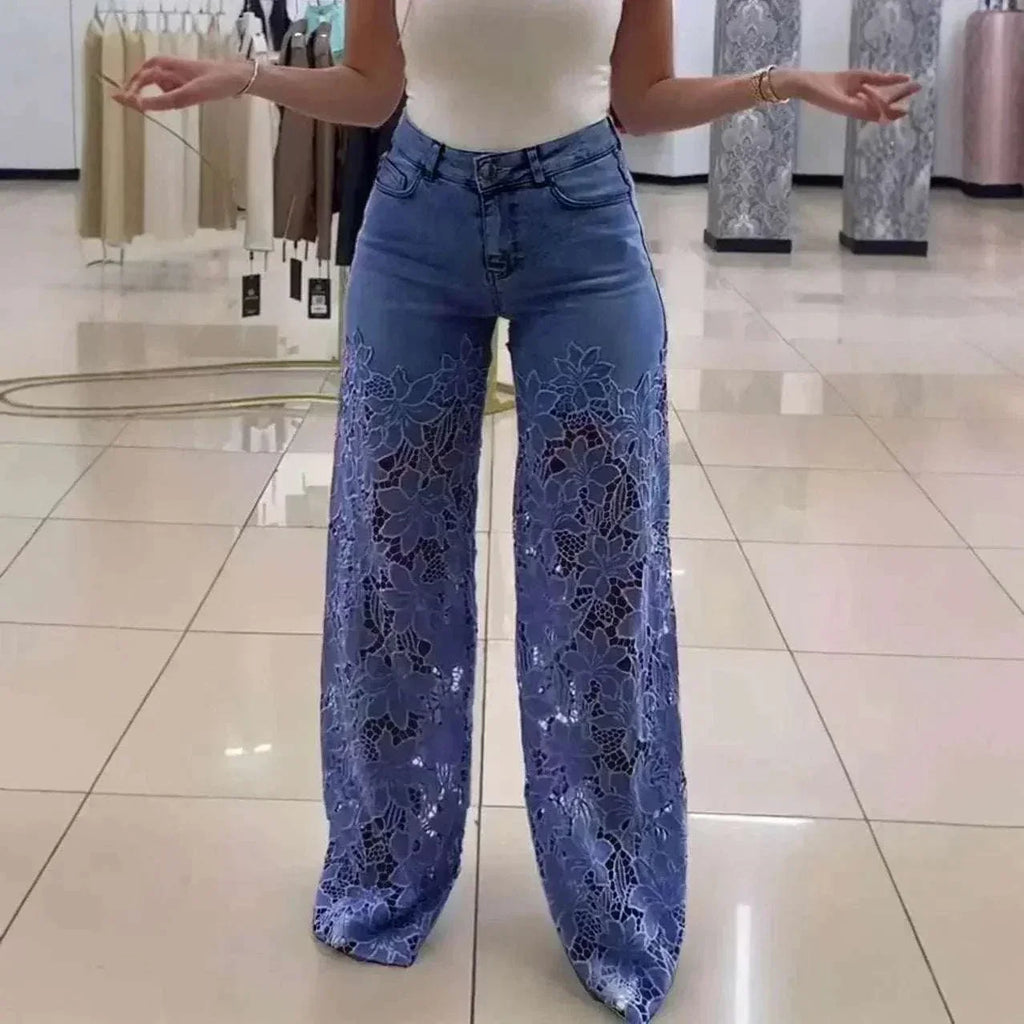 Y2K Lace Hollow Wide Leg Jeans – High Waist Fit - ZA-Zola