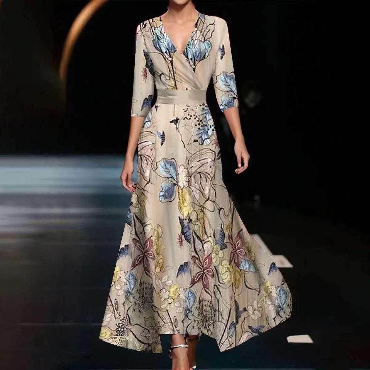3D Print V-neck A-line Dress with Sleeves – Elegant - ZA-Zola