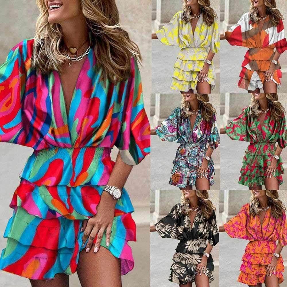 Irregular Hem Bat Sleeve V-Neck Dress – Bold Prints - ZA-Zola