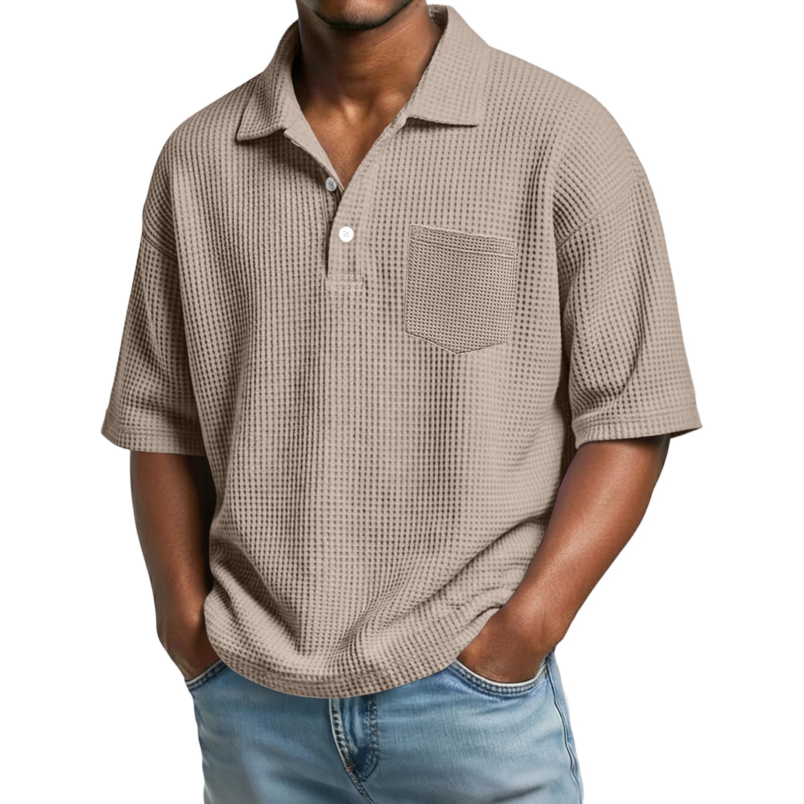 Man wearing a beige checkered shirt with a pocket on a white background