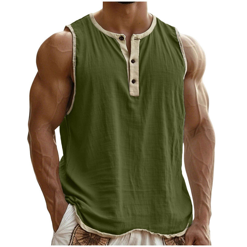 Green tank top with beige trim worn by a person on a white background