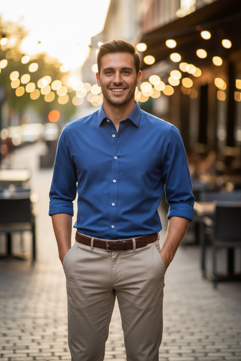Man wearing a Blue shirt and beige pants with a blurred background