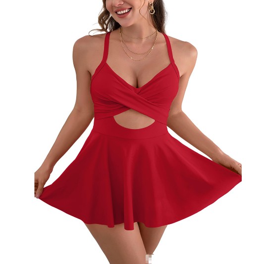 Women Cutout Swimsuit Dress Sling Padded Skirt One Piece