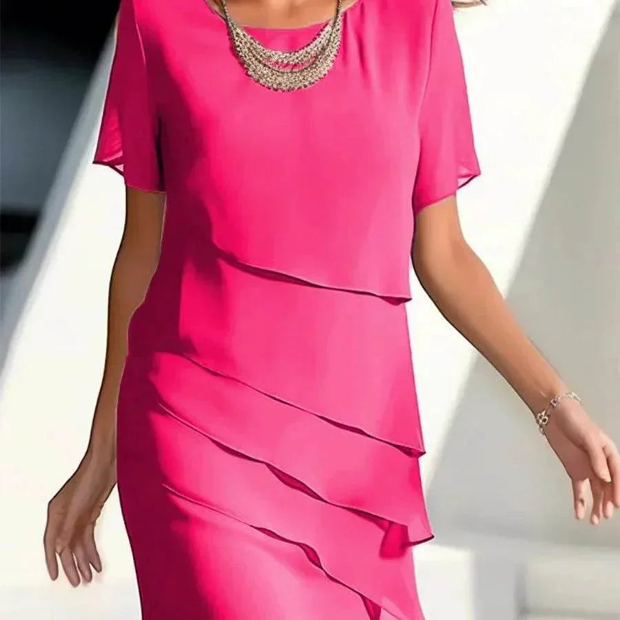 Chiffon Patchwork Round Neck Short Sleeve Dress - ZA-Zola