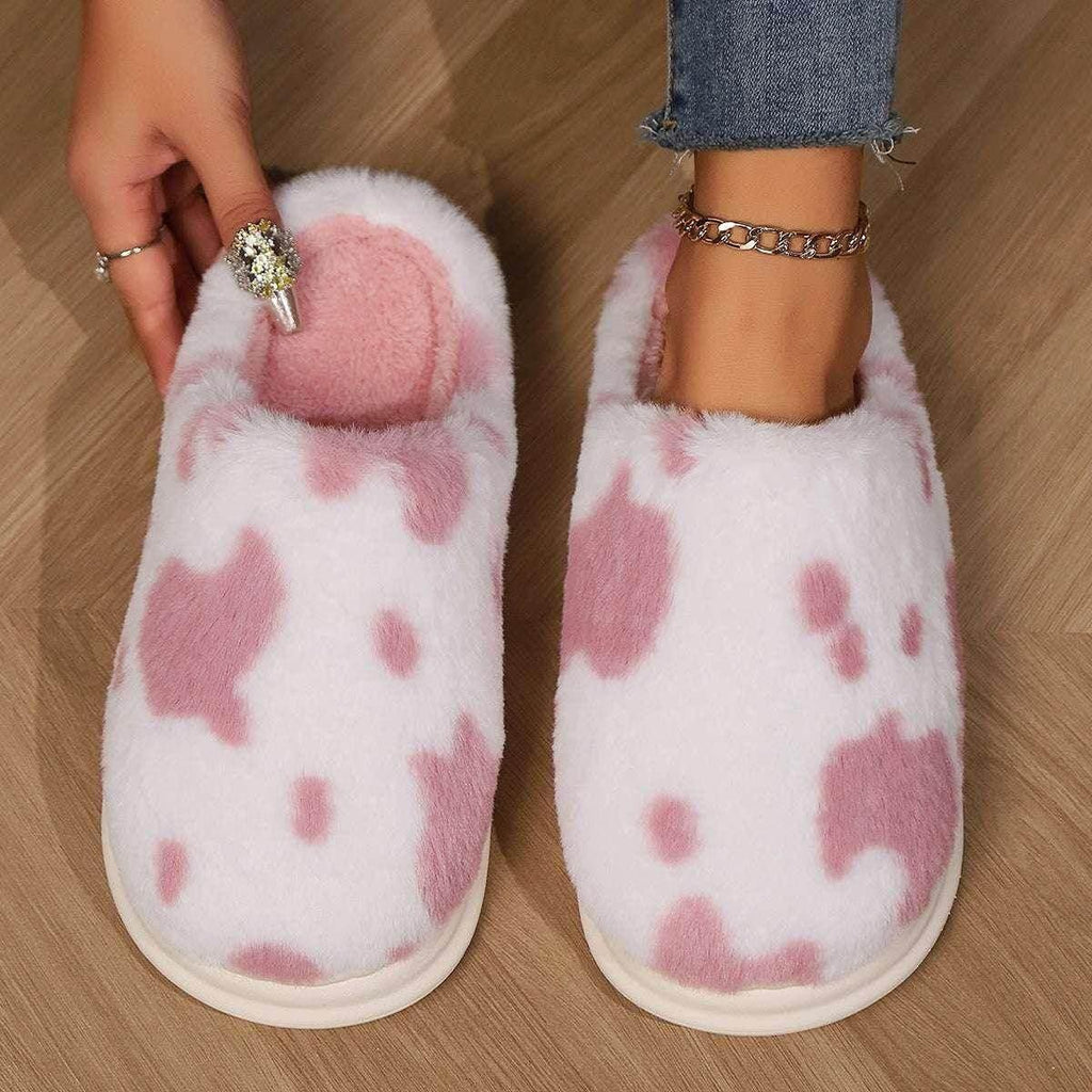 Cow Spotted Plush Slippers – Cozy Winter Warmth - ZA-Zola