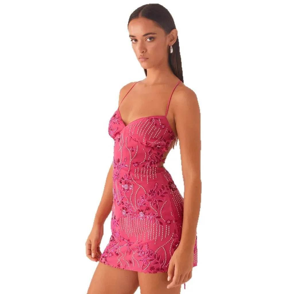Women’s Sequin Embroidered Backless Sling Dress – High Waist Short Skirt (S–XXL) - ZA-Zola