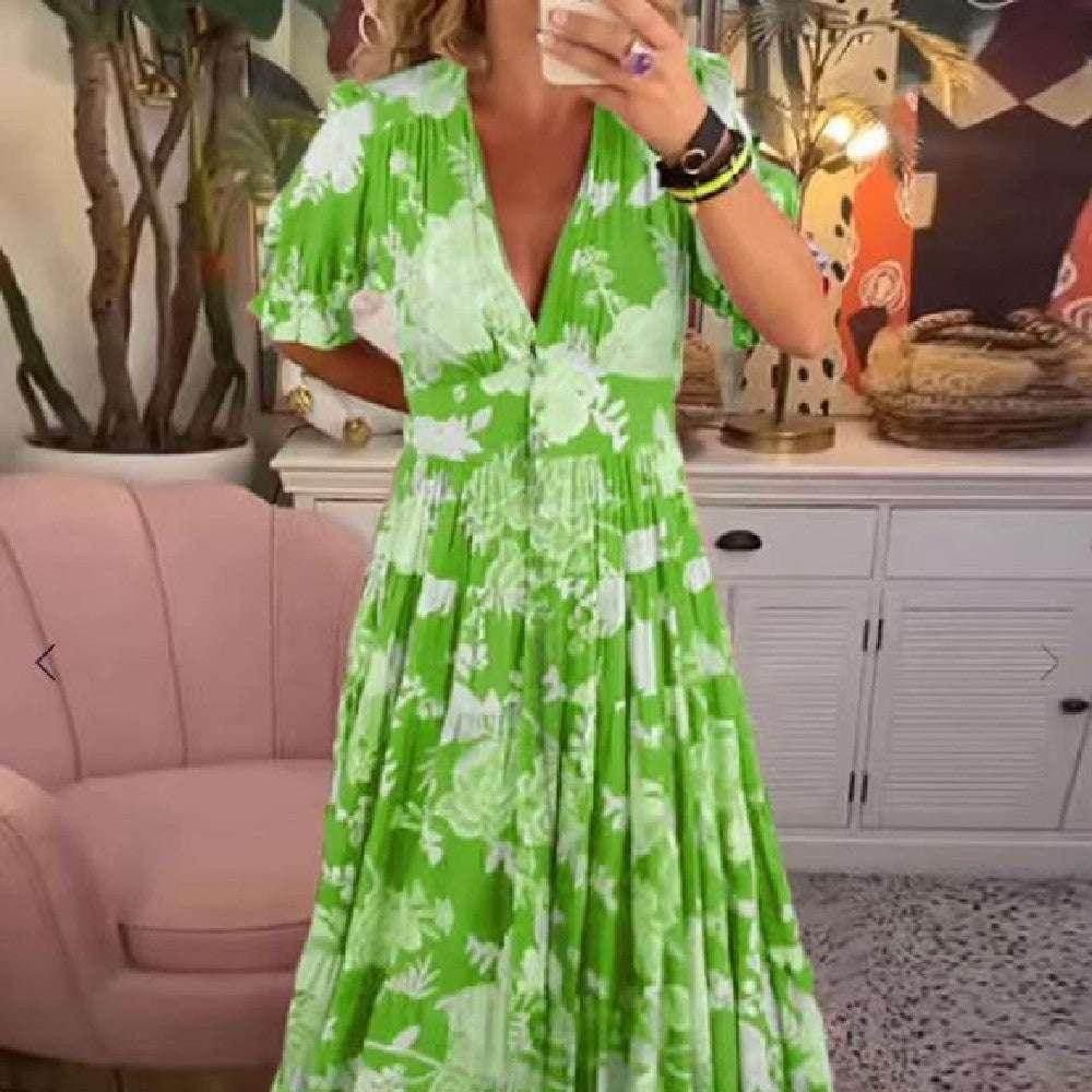 Printed V-Neck Maxi Dress – Flowy & Fresh - ZA-Zola