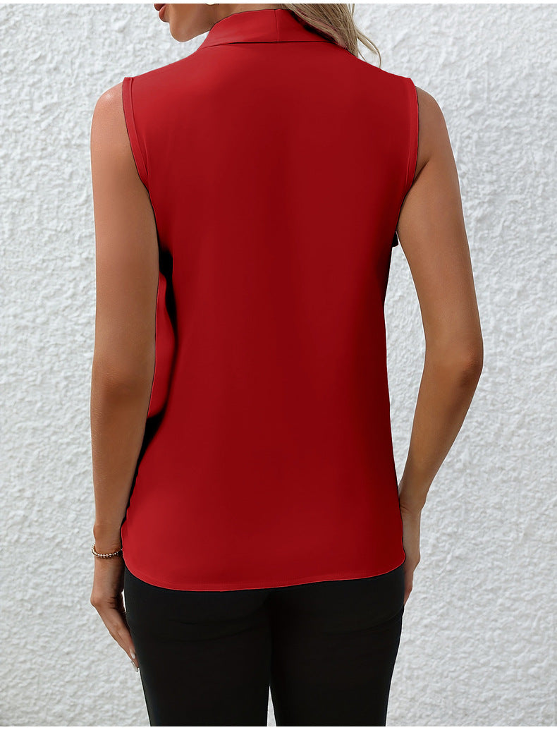 Red sleeveless top worn by a person on a light gray background