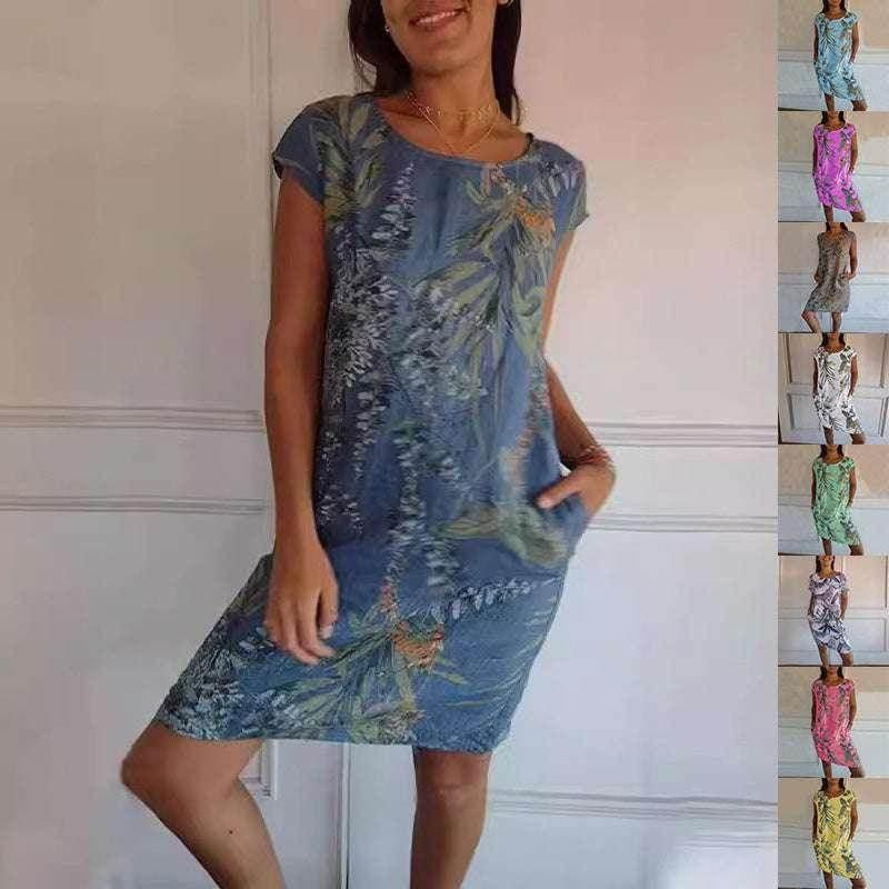 Floral Leaf Print Cotton Summer Dress with Pockets - ZA-Zola