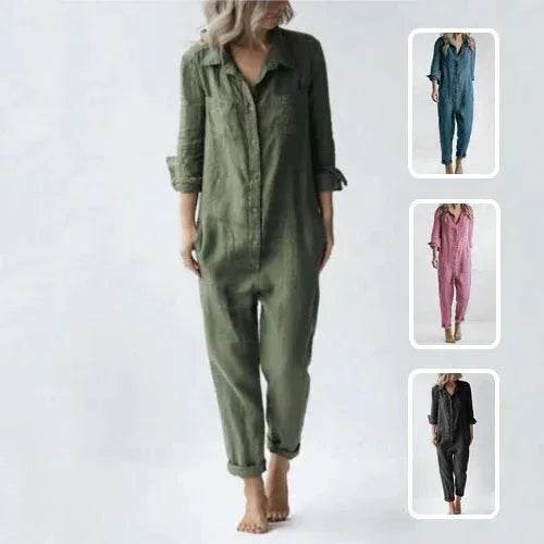 Woman wearing loose long-sleeve jumpsuit in green, with blue, pink, and black color options
