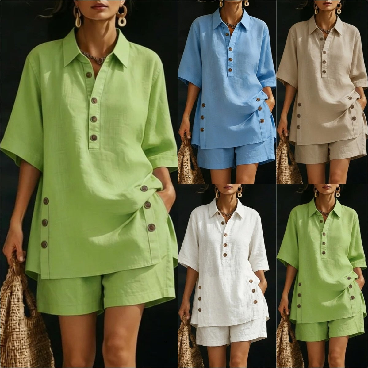 Collage of a person wearing a green outfit with button details, holding a straw bag.