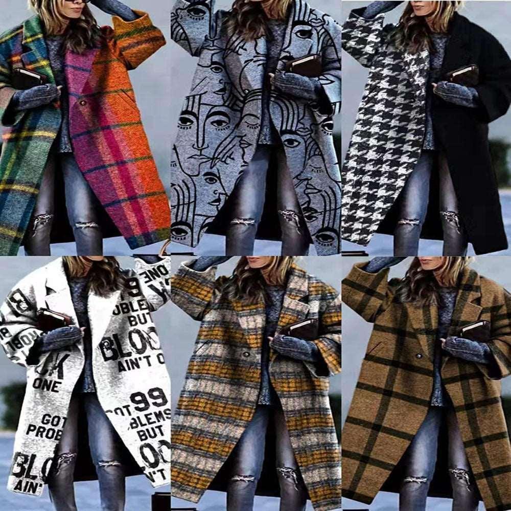 Women Plaid Long Coat Color Match Loose Fit - ZA-Zola