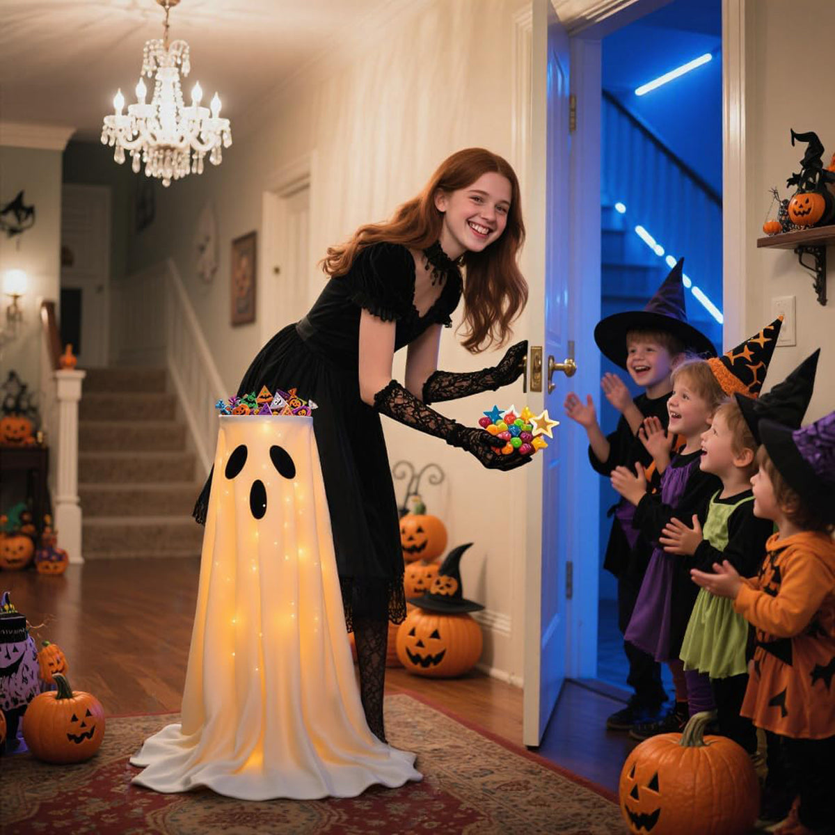 Woman in black costume with ghost decoration interacting with children in Halloween costumes.