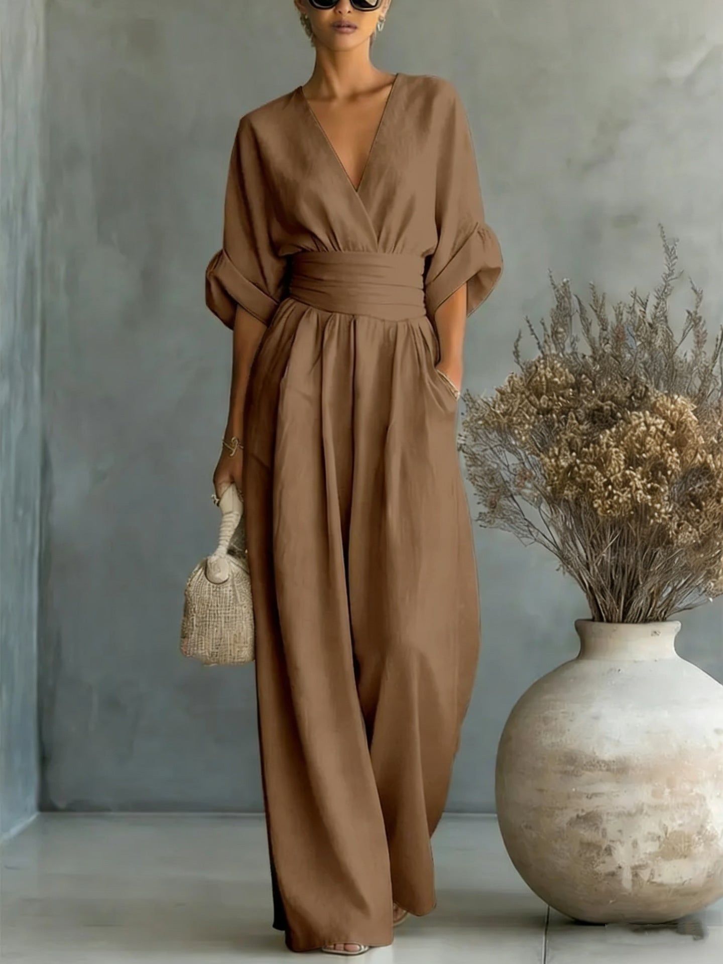 V Neck Wide Leg Jumpsuit – Short Sleeve Elegant Summer Casual Women Outfit