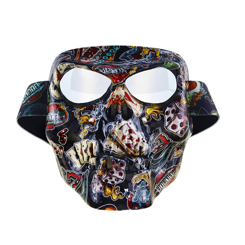 A hockey-style face mask featuring a detailed, colorful tattoo-style graphic print on a black base, with large white eye cutouts.