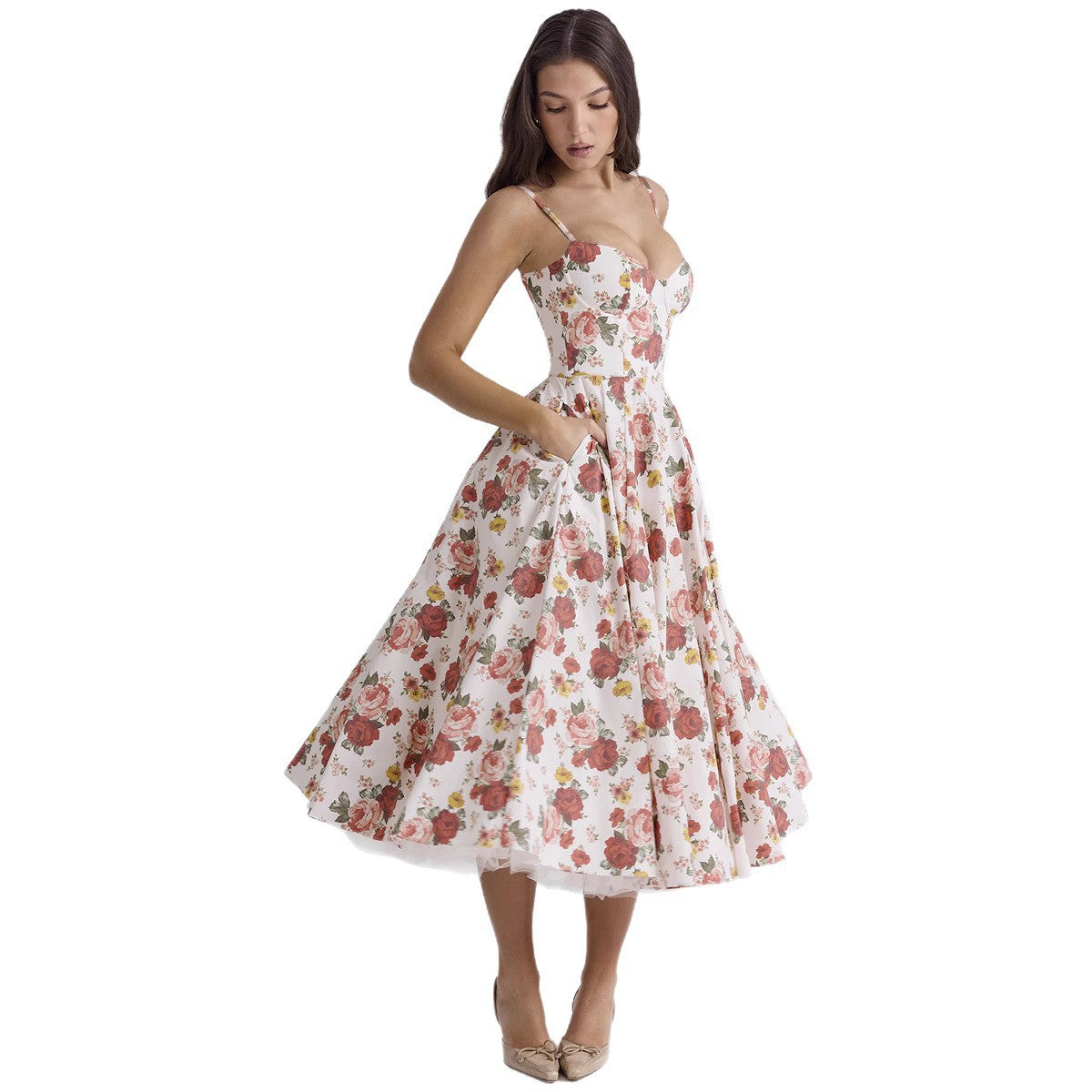 Woman wearing a floral dress on a white background