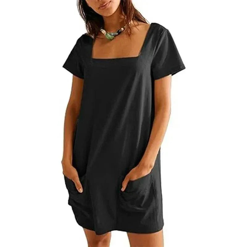 Square Collar Casual Short Dress with Pockets - ZA-Zola
