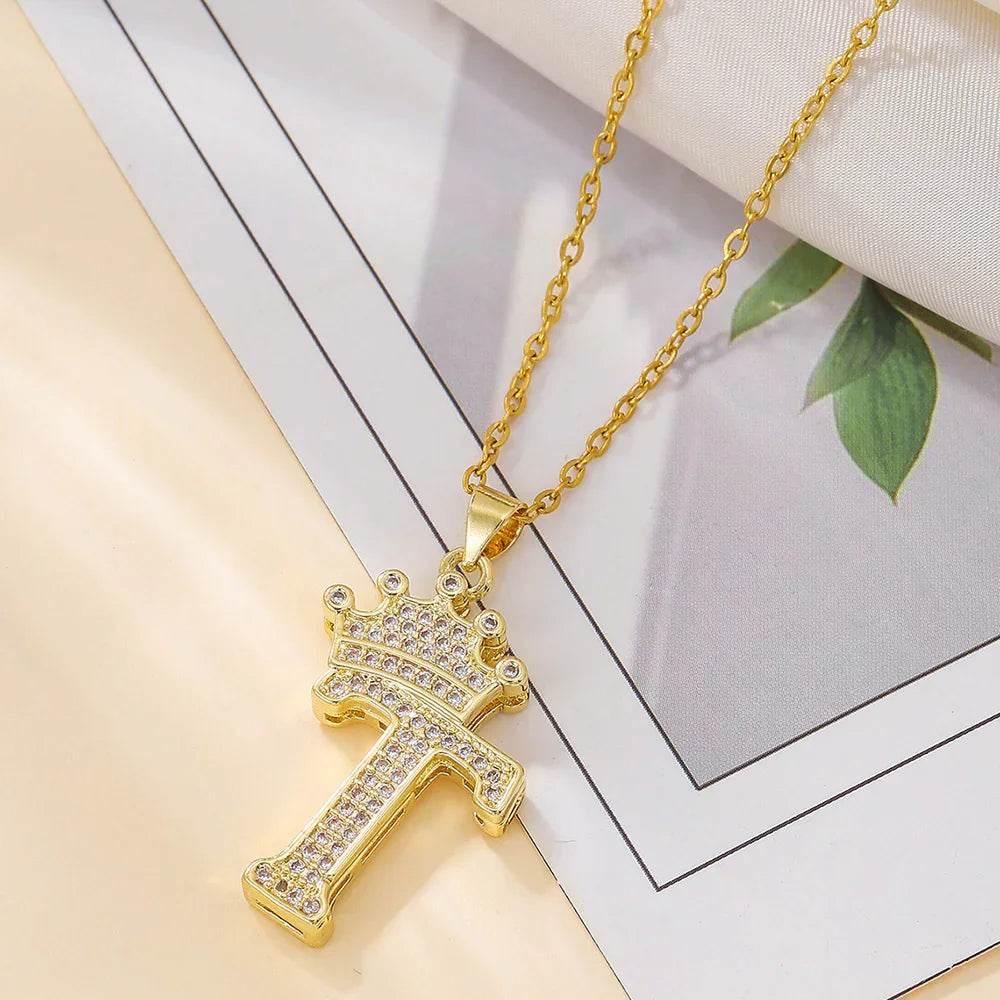 Gold Crown Initial Pendant Necklace for Daily Wear - ZA-Zola