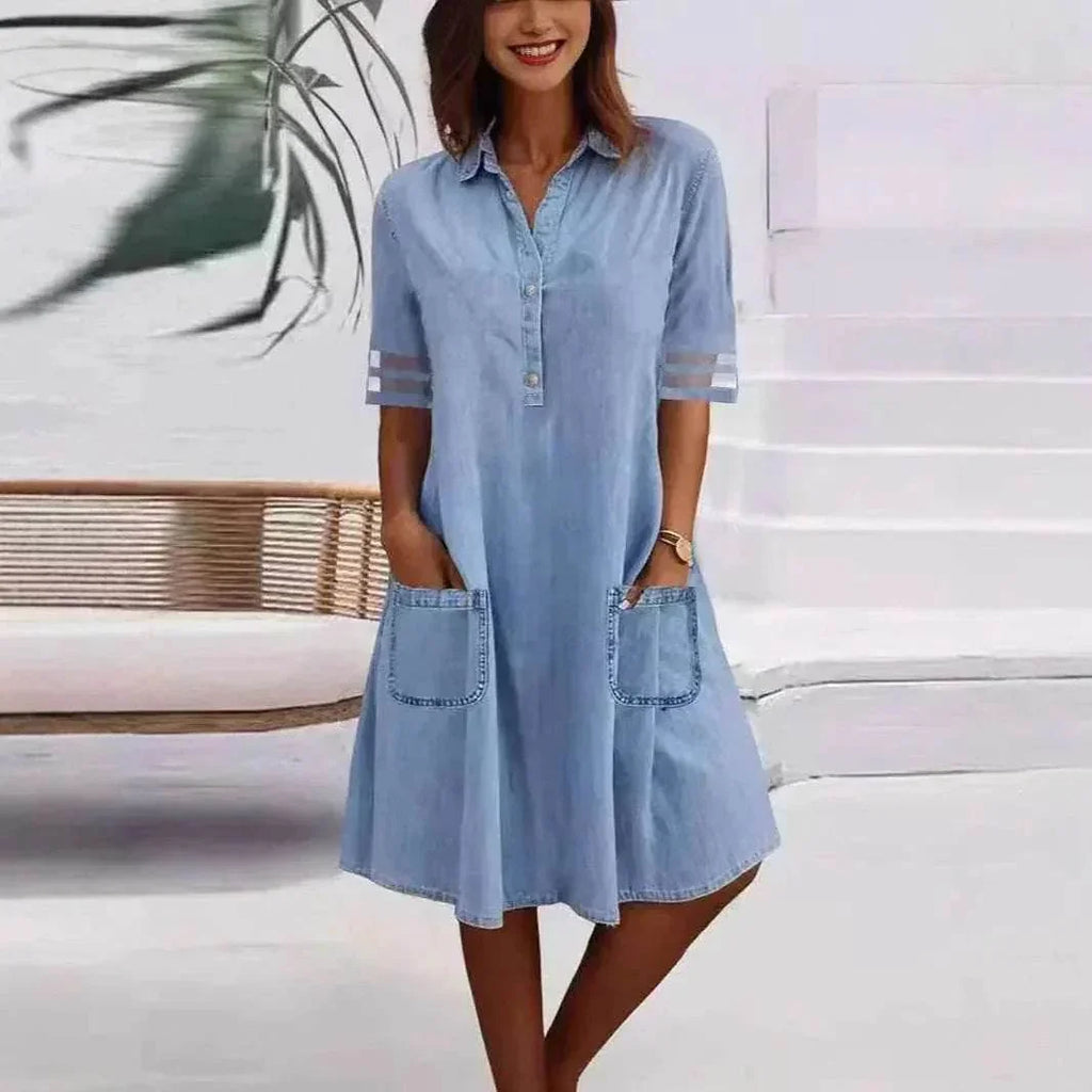 Denim Mesh Patchwork Dress – Chic & Casual Style - ZA-Zola