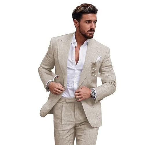 Man wearing a beige suit with a white shirt on a white background