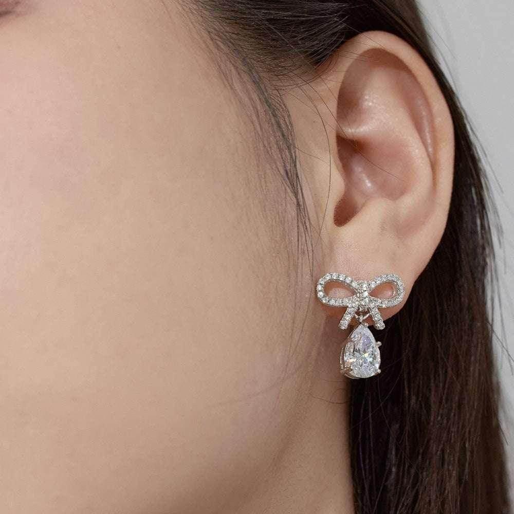S925 Pink Pear-Shaped Bow Earrings – Elegant Women's Jewelry - ZA-Zola