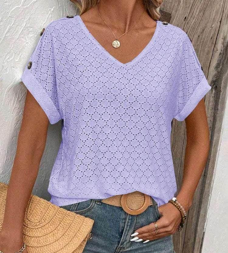 Button Jacquard Loose Summer T-Shirt for Women - ZA-Zola