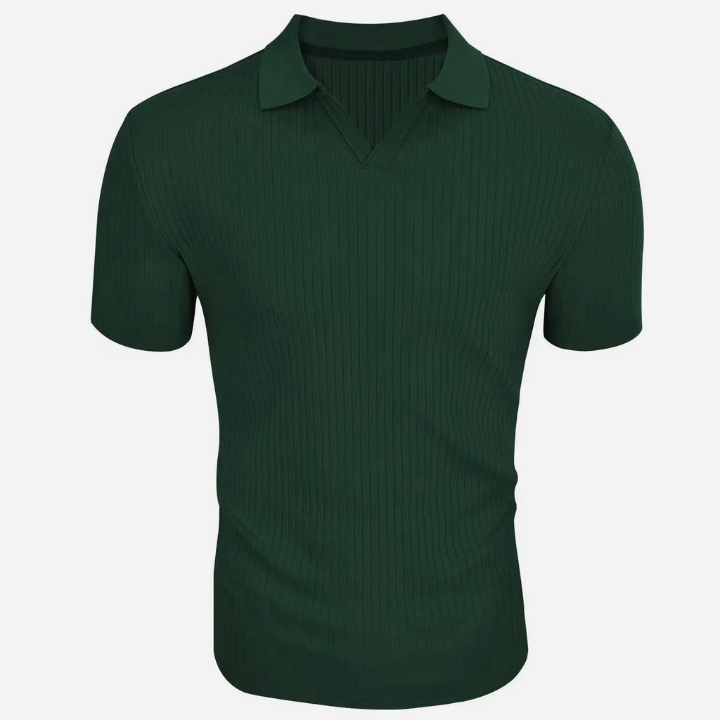 Green ribbed polo shirt on a white background