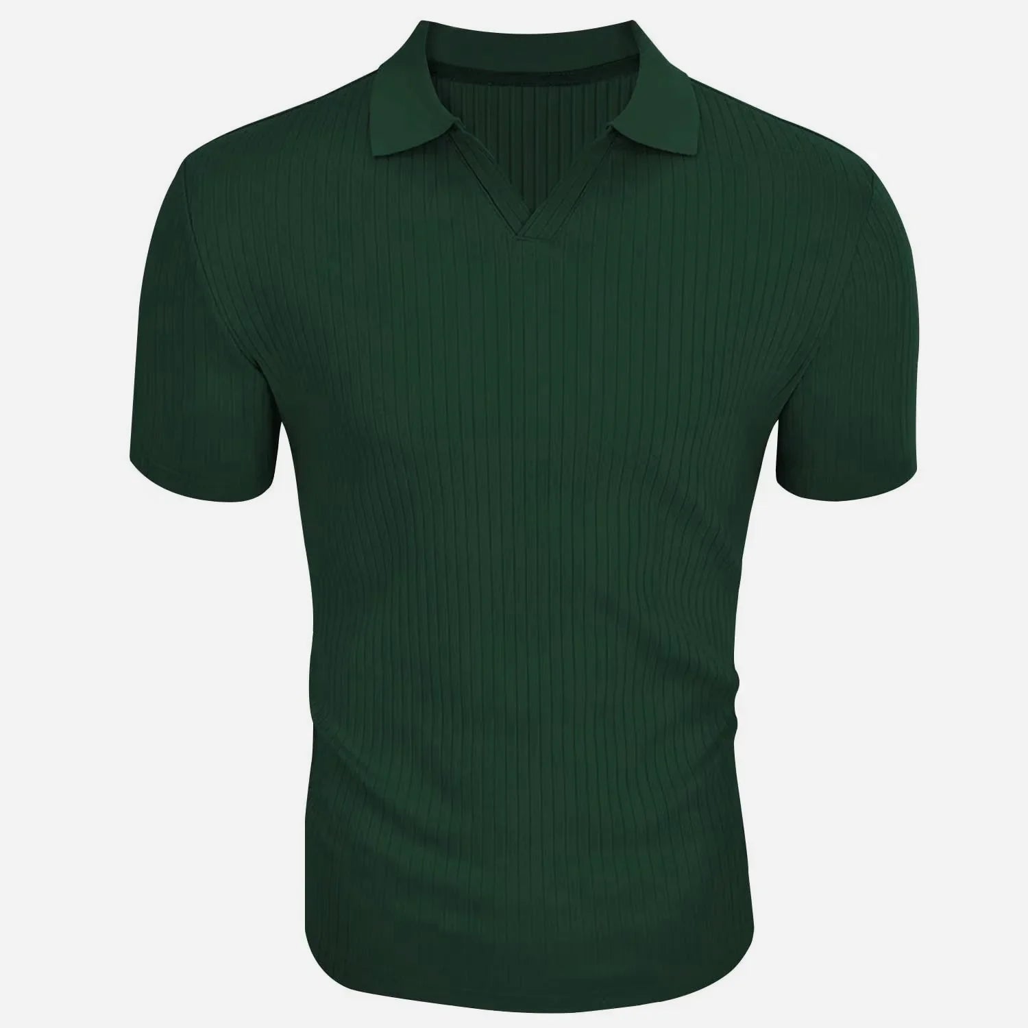 Green ribbed polo shirt on a white background
