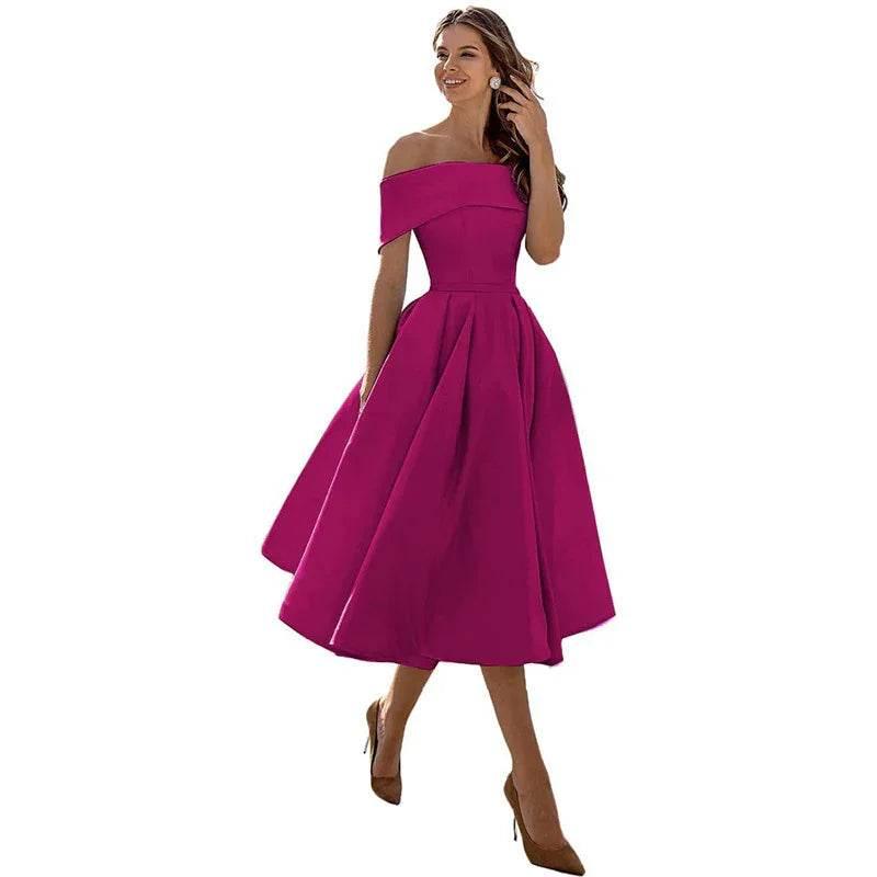 Off-Shoulder Satin Tea-Length Party Dress - ZA-Zola